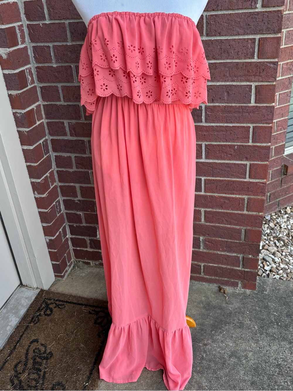 Ya Los Angeles Coral Pink Strapless Ruffle Maxi Dress